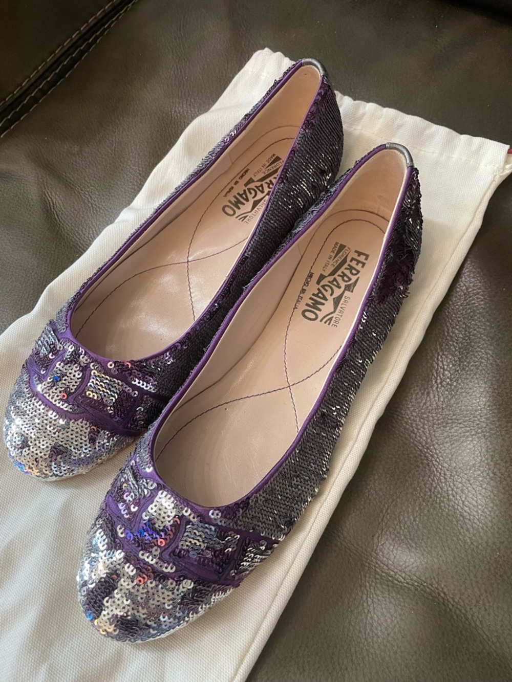 Salvatore Ferragamo Purple Sequin Ballet Flats 8C